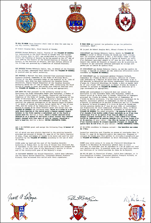 Letters patent granting heraldic emblems to the Village of Russell