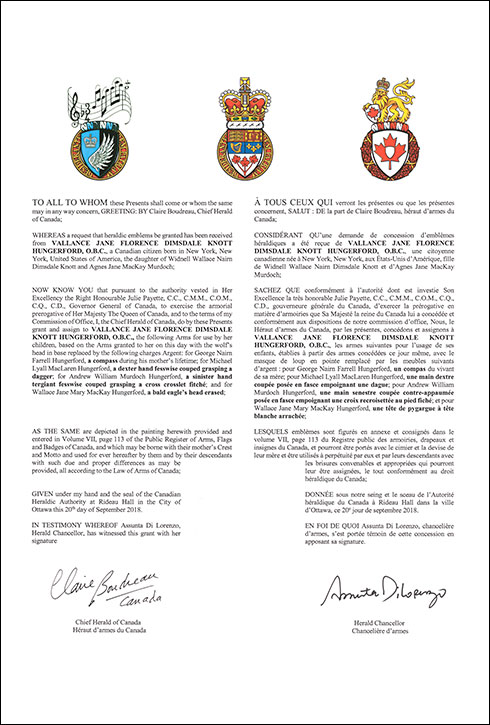 Letters patent granting heraldic emblems to Vallance Jane Florence Dimsdale Knott Hungerford