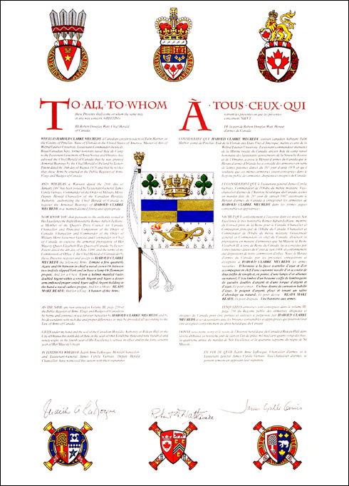 Letters patent registering the heraldic emblems of Harold Clarke Mecredy