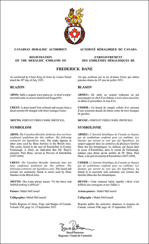 Letters patent registering the heraldic emblems of Frederick Dane