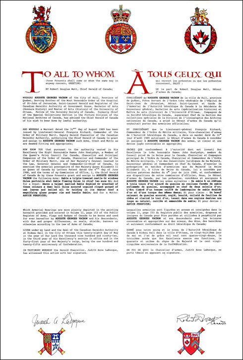 Letters patent granting heraldic emblems to Auguste Georges Vachon