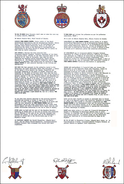 Letters patent granting heraldic emblems to Fred Rennie Coates