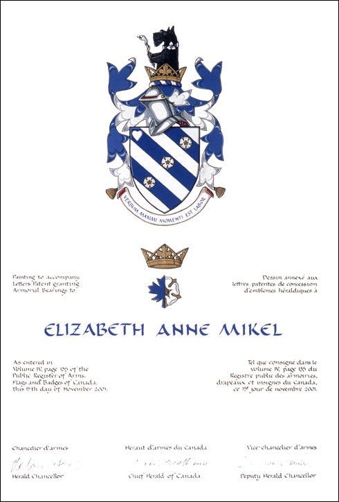 Letters patent granting heraldic emblems to Elizabeth Anne Mikel