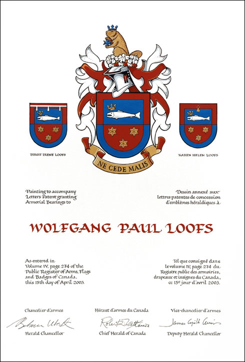 Letters patent granting heraldic emblems to Wolfgang Paul Loofs