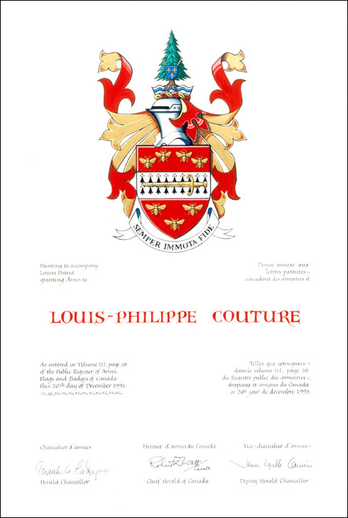 Letters patent granting Armorial Bearing to Louis-Philippe Couture
