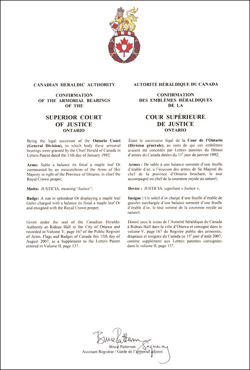 Letters patent confirming the heraldic emblems ot the Superior Court of Justice
