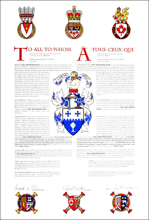 Letters patent granting heraldic emblems to Willard Homer Shaw