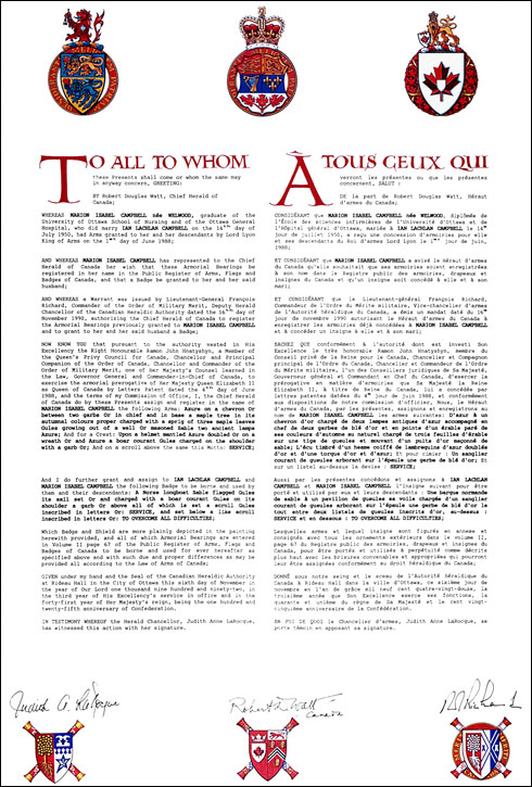 Letters patent registering the heraldic emblems of Ian Lachlan Campbell