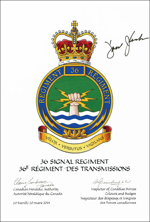 Letters patent approving the Badge of the 36 Signal Regiment