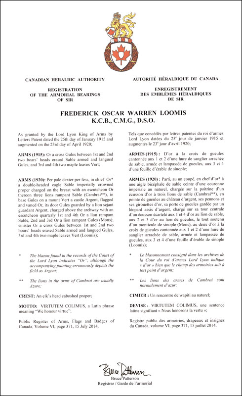 Letters patent registering the heraldic emblems of Frederick Oscar Warren Loomis