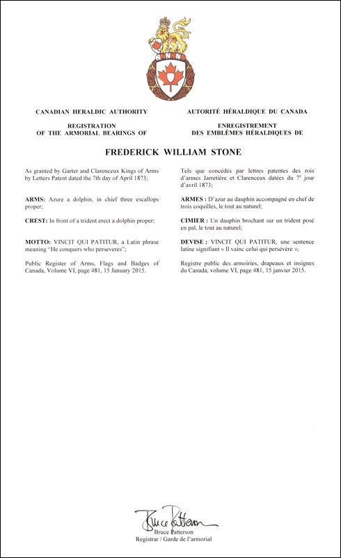 Letters patent registering the heraldic emblems of Frederick William Stone