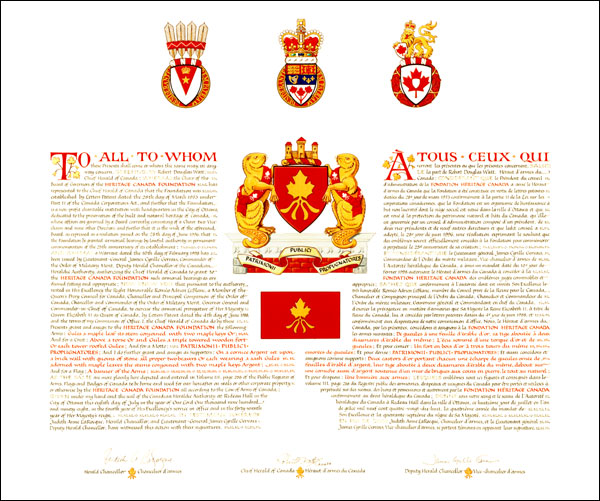Letters patent granting heraldic emblems to the Heritage Canada Foundation