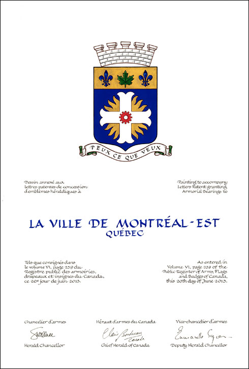 Letters patent granting heraldic emblems to the Ville de Montréal-Est