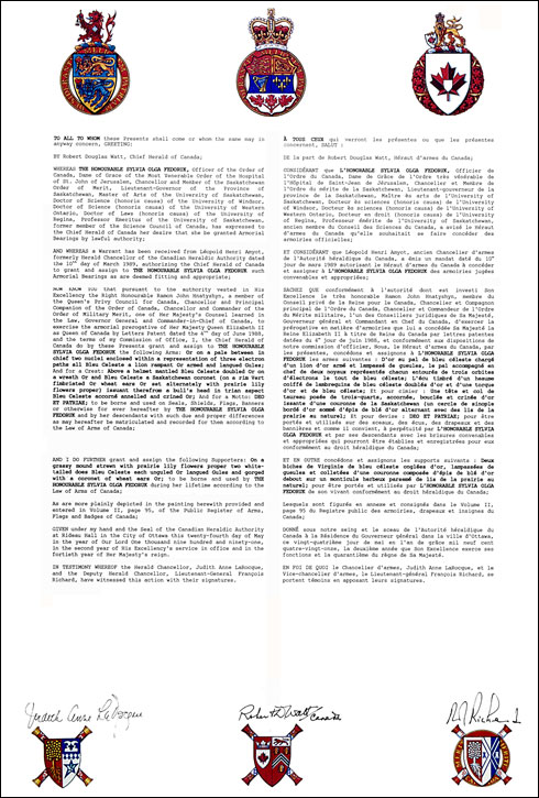 Letters patent granting heraldic emblems to Sylvia Olga Fedoruk
