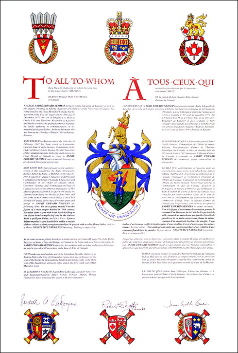 Letters patent granting heraldic emblems to André Edward Nehman