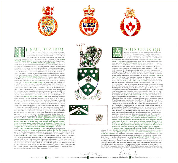 Letters patent granting heraldic emblems to the Royal Ottawa Golf Club