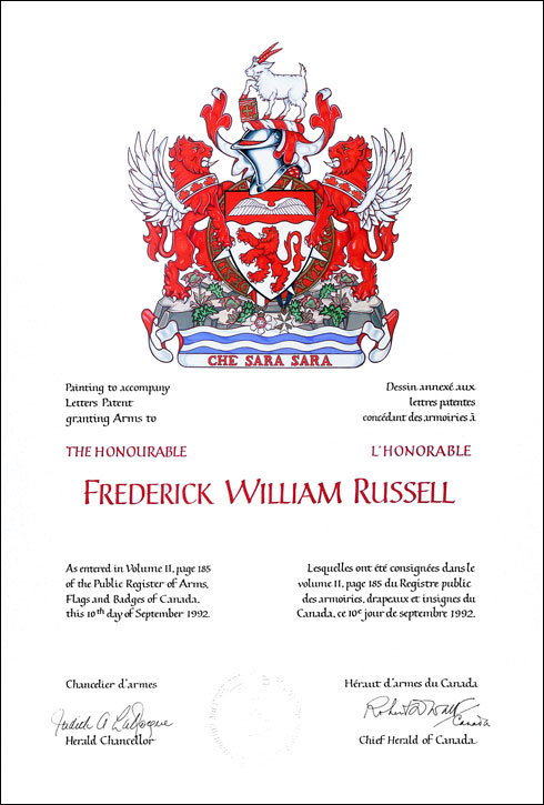 Letters patent granting heraldic emblems to Frederick William Russell