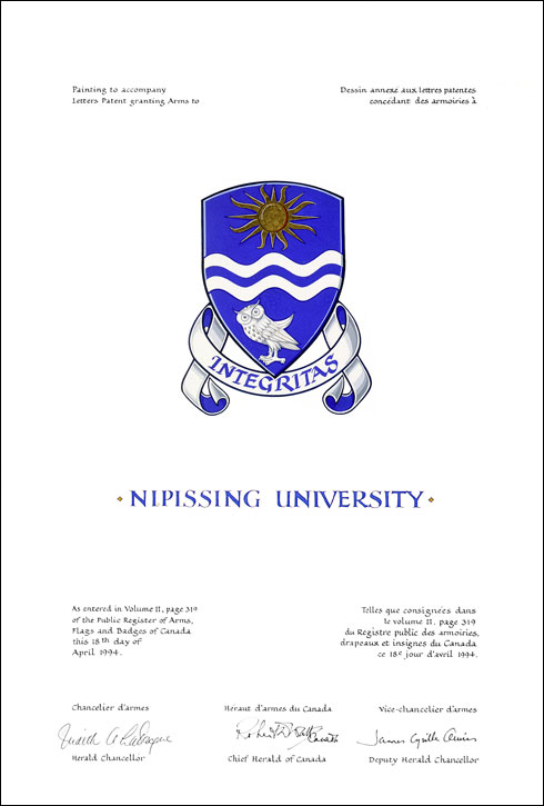Letters patent granting heraldic emblems to Nipissing University
