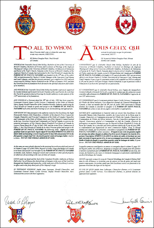 Letters patent granting heraldic emblems to the Parish of St. Paul's
