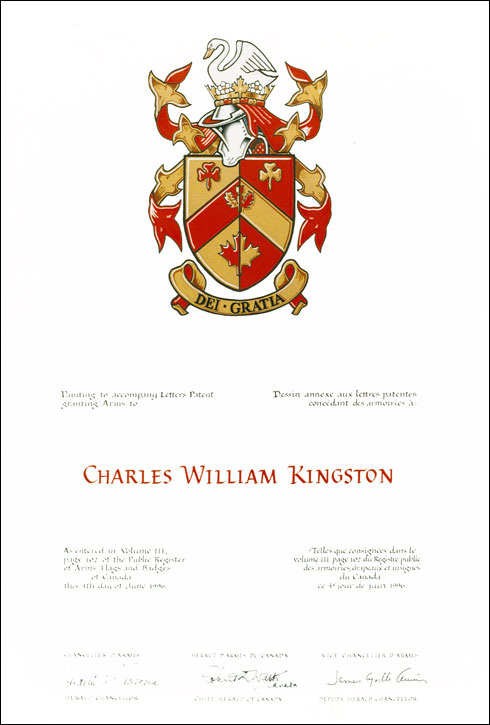 Letters patent granting heraldic emblems to Charles William Kingston