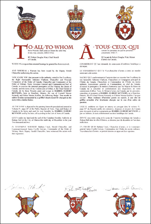 Letters patent granting heraldic emblems to Darrel Elbert Kennedy