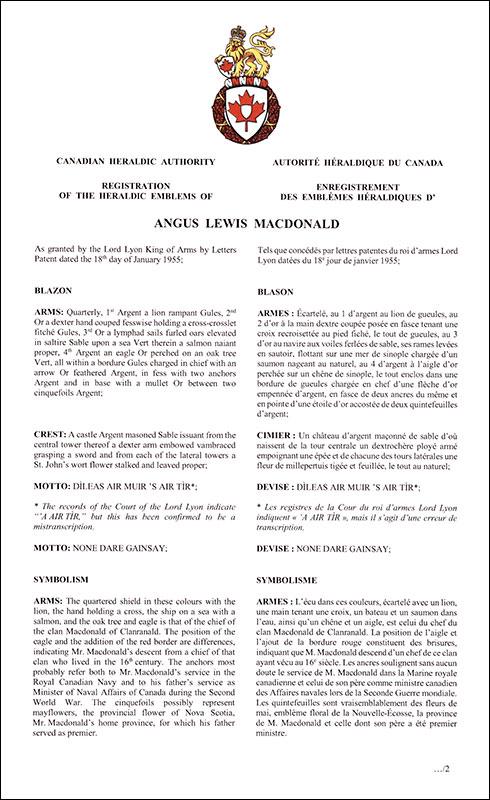 Letters patent registering the heraldic emblems of Angus Lewis Macdonald