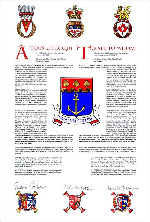 Letters patent granting heraldic emblems to Lucien Godbout