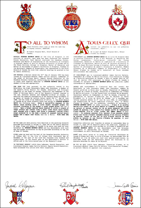 Letters patent granting heraldic emblems to Sturton Mathwin Davis