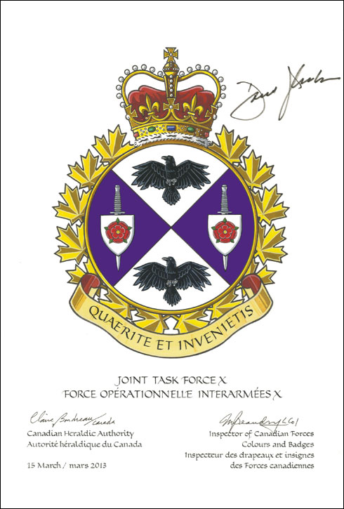 Letters patent approving the Badge of Joint Task Force X