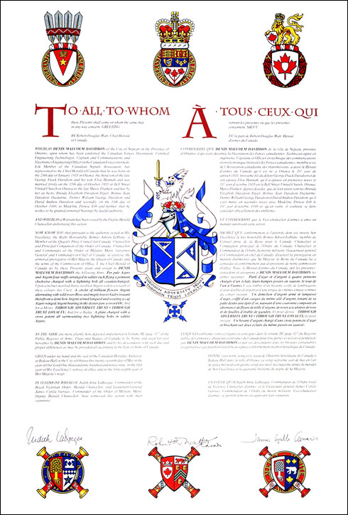 Letters patent granting heraldic emblems to Denis Malcolm Davidson