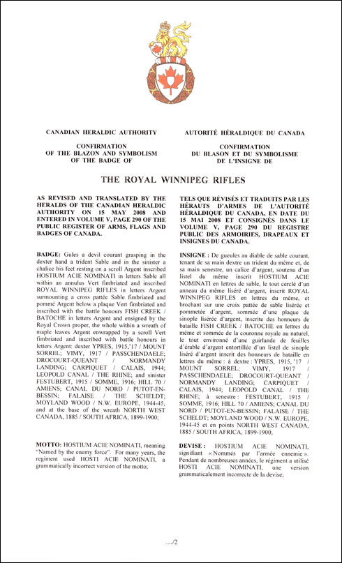 Letters patent confirming the blazon of the Badge of The Royal Winnipeg Rifles
