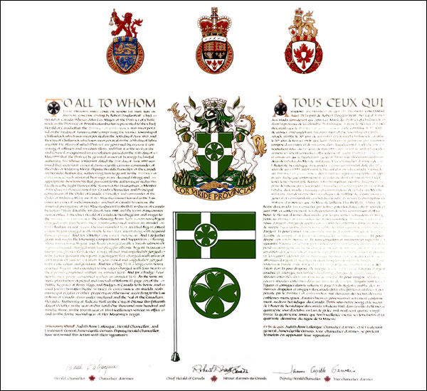 Letters patent granting heraldic emblems to the District of Chilliwack