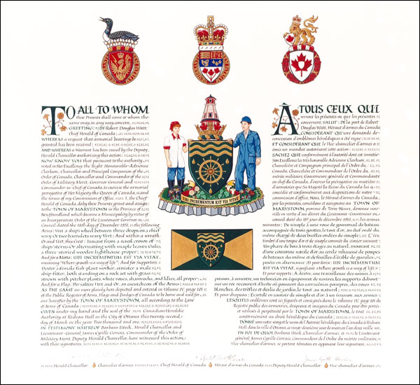 Letters patent granting heraldic emblems to the Town of Marystown