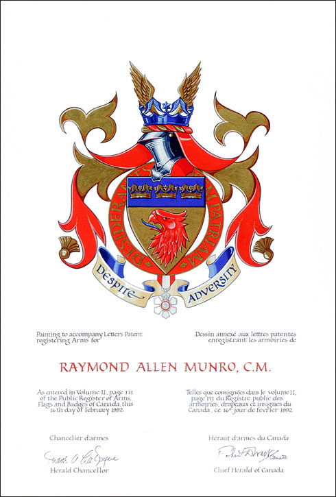 Lettres patentes enregistrant les emblèmes héraldiques de Raymond Allen Munro