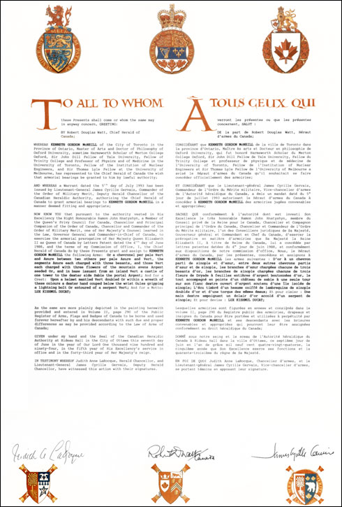 Letters patent granting heraldic emblems to Kenneth Gordon McNeill