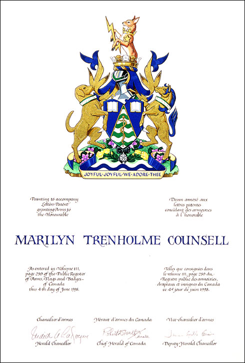 Letters patent granting heraldic emblems to Marilyn Trenholme Counsell