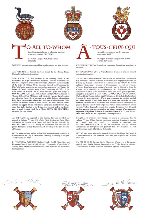 Letters patent granting heraldic emblems to Iain Millington