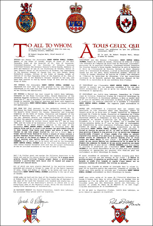 Letters patent registering the heraldic emblems of Henry Newton Rowell Jackman