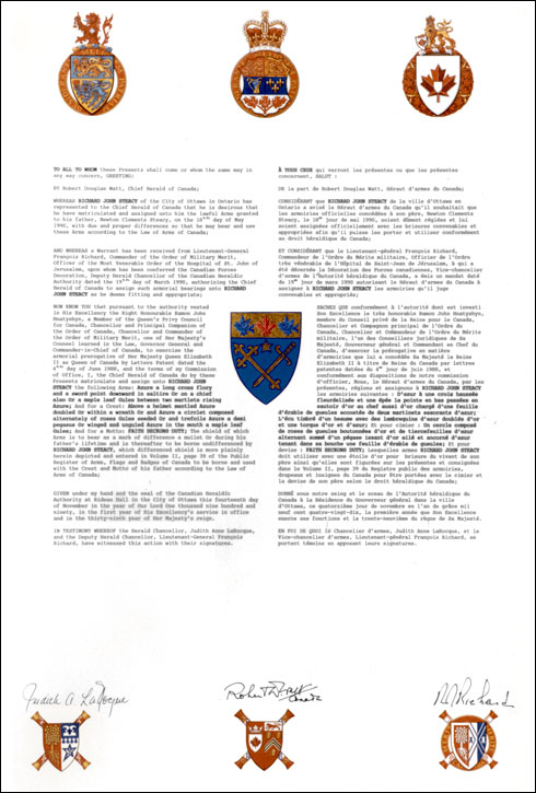 Lettres patentes concédant des emblèmes héraldiques à Richard John Steacy