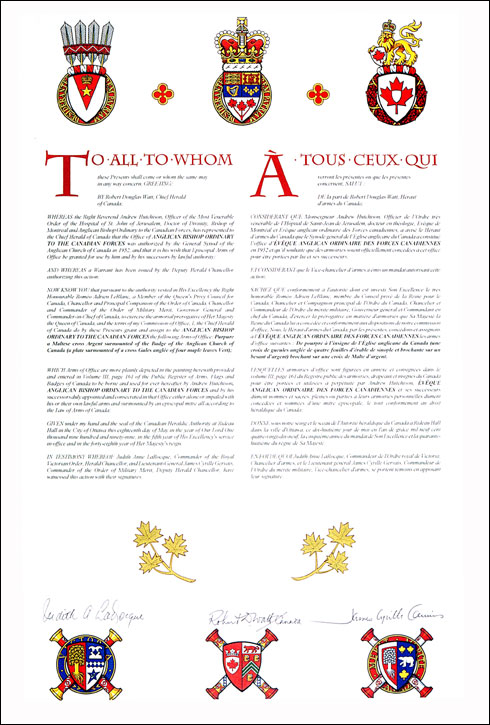 Letters patent granting heraldic emblems to the Anglican Bishop Ordinary to the Canadian Forces