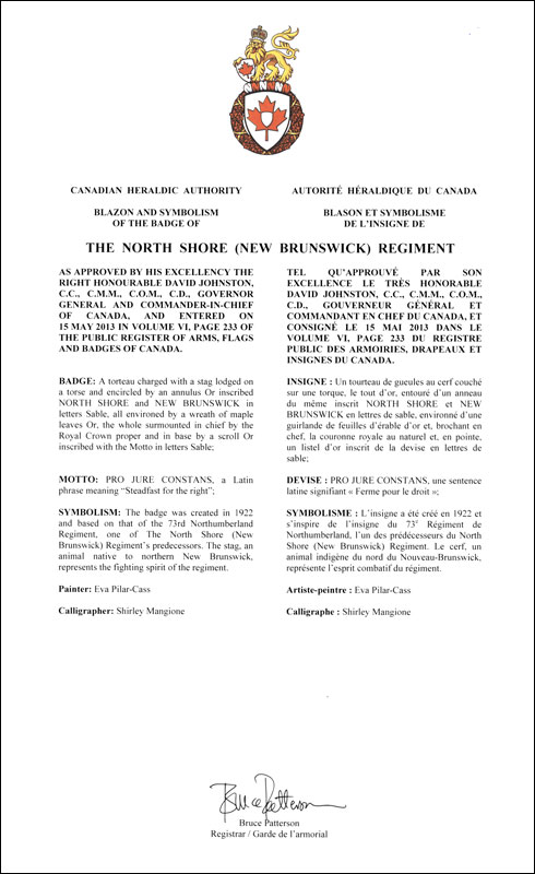 Letters patent approving the Badge of The North Shore (New Brunswick) Regiment