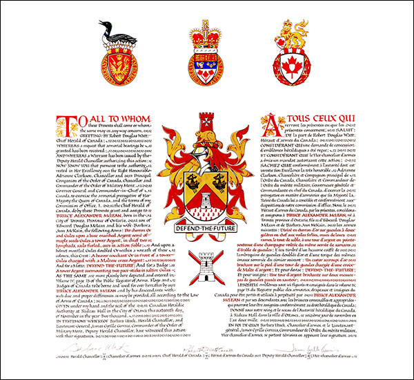 Letters patent granting heraldic emblems to Bruce Alexander McLean