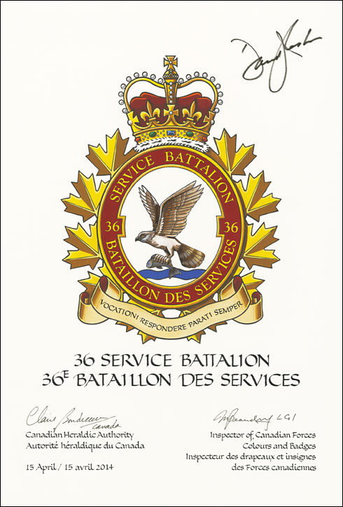 Lettres patentes approuvant l’insigne du 36e Bataillon des Services