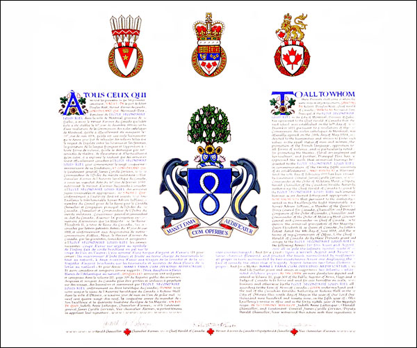 Letters patent granting heraldic emblems to the École secondaire Louis-Riel