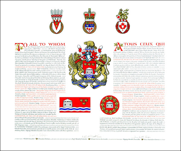 Letters patent granting heraldic emblems to the Corporation of the City of Kingston