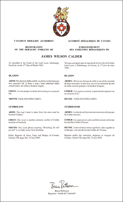 Letters patent registering the heraldic emblems of James Wilson Calder