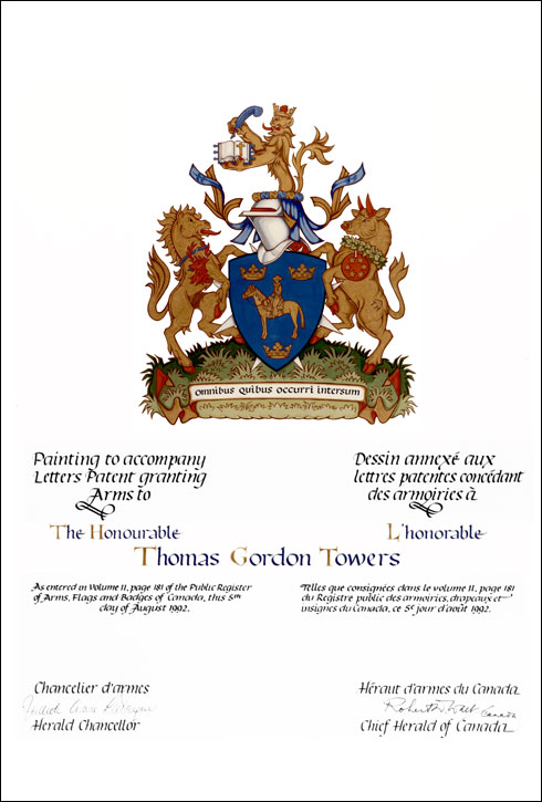 Letters patent granting heraldic emblems to Thomas Gordon Towers