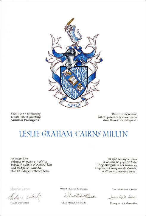 Letters patent granting heraldic emblems to Leslie Graham Cairns Millin