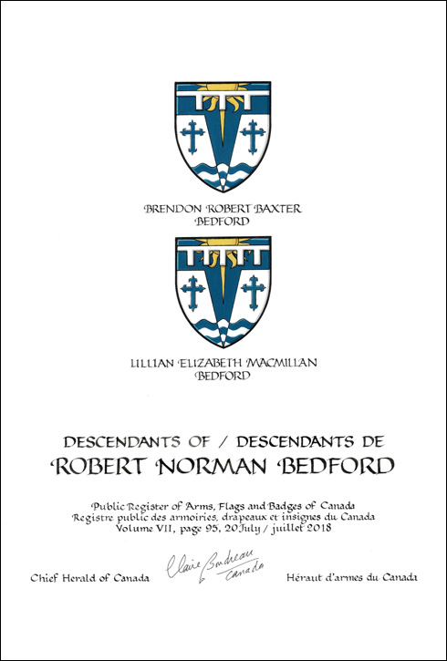 Letters patent granting heraldic emblems to Robert Norman Bedford