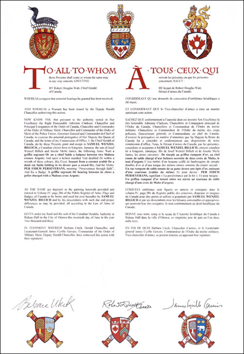 Letters patent granting heraldic emblems to Samuel Wenzel Billich